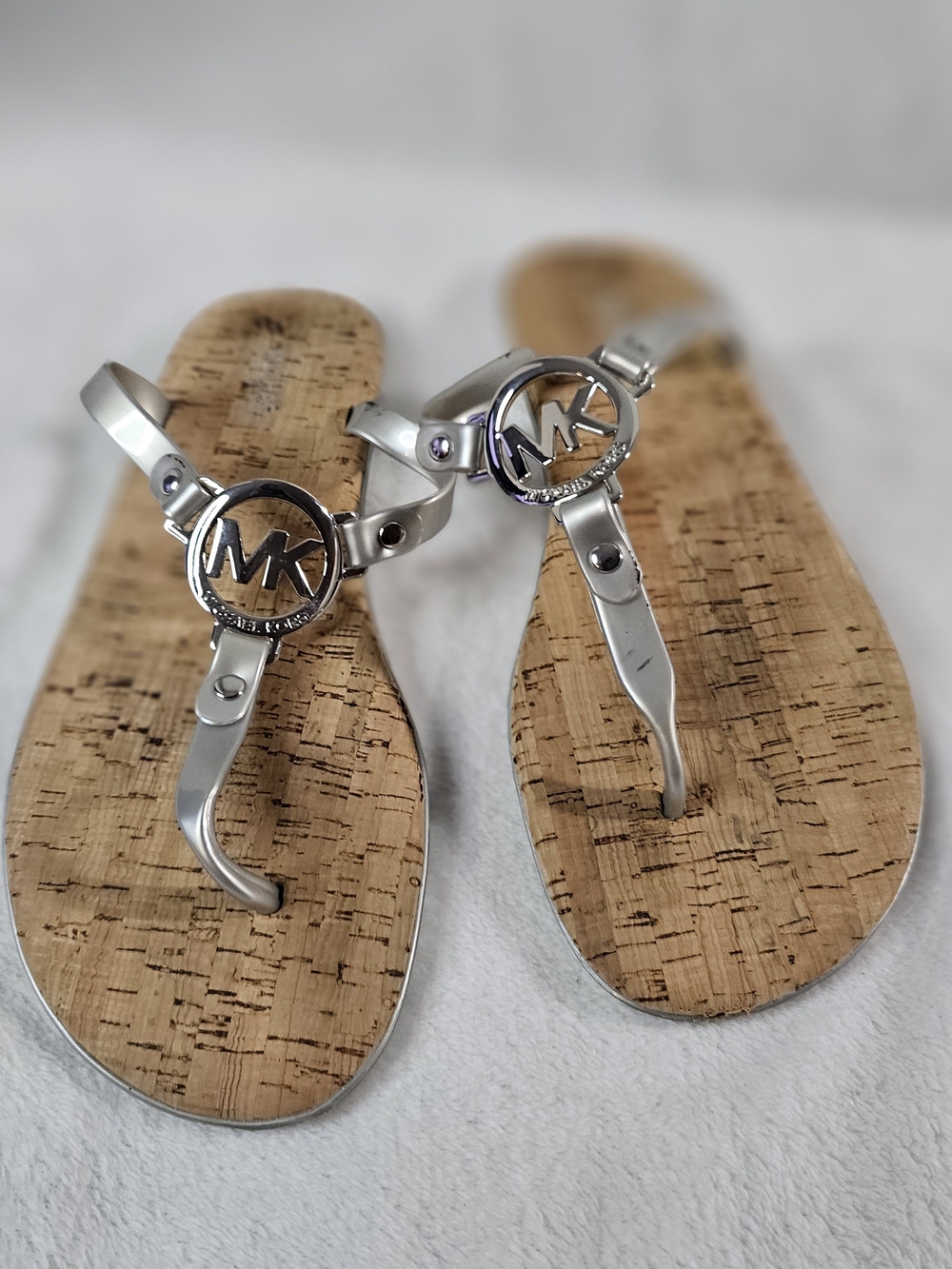 Michael Kors Silver Cork-Style Logo Thong Sandals